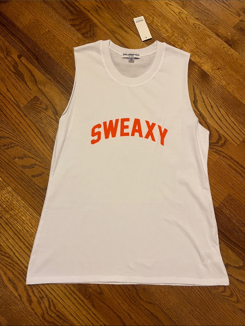 NWT Sub_Urban Riot Women’s  White Tank with Orange SWEAXY Graphic Size Medium